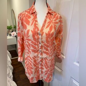 Rachel Zoe 100% Linen Button Down Blouse | Coral Floral Print| M